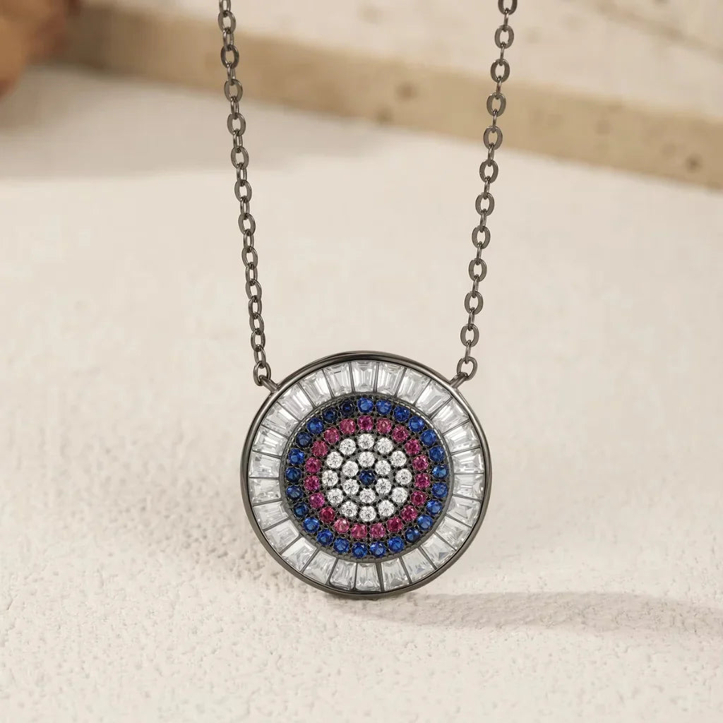 Black Round Evil Eye Pendant Necklace in 925 Sterling Silver
