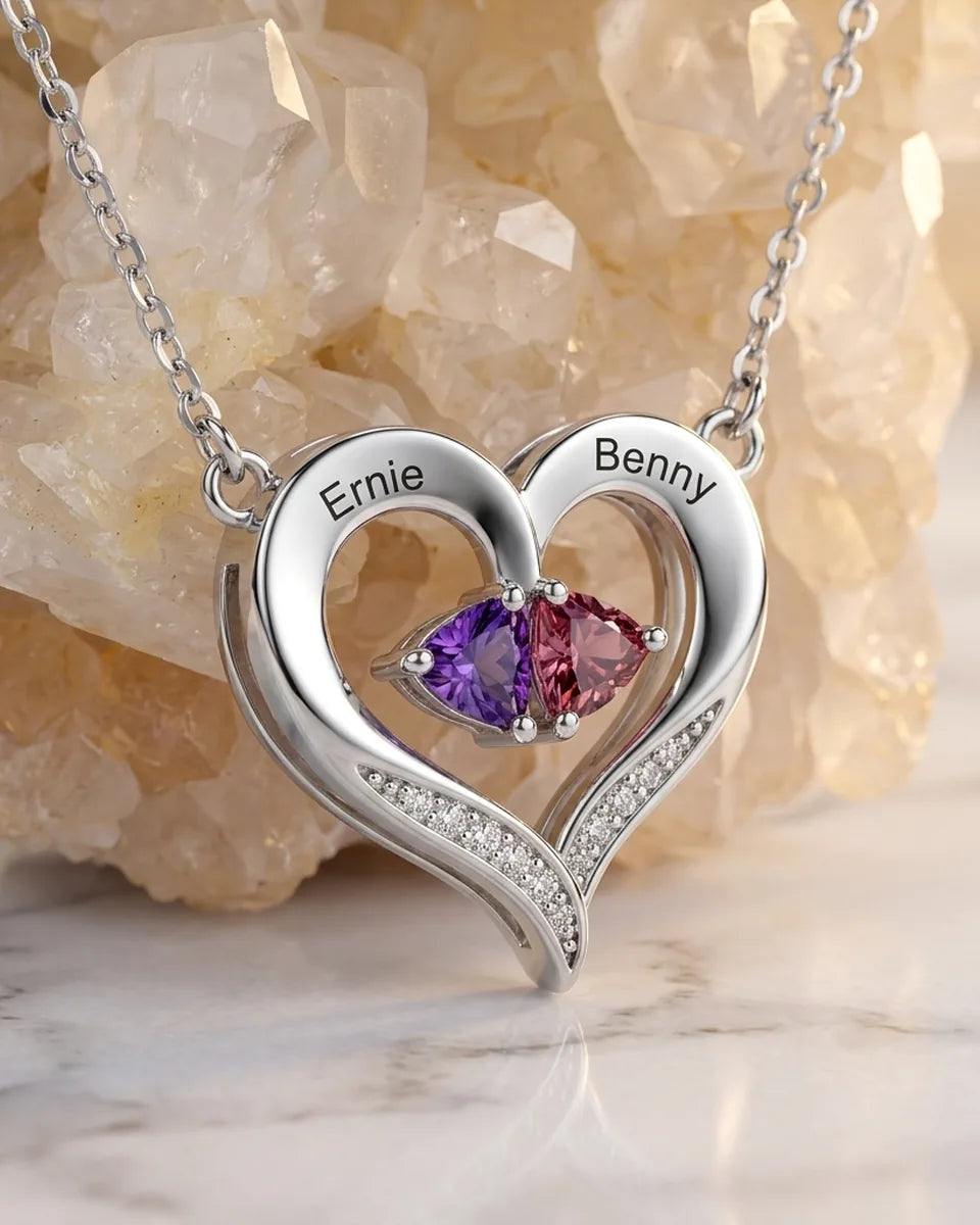 Birthstone Necklace, Personalised Custom Heart Pendant, 925 Sterling Silver Two Names Jewellery Gift for Mum, Mother's Day