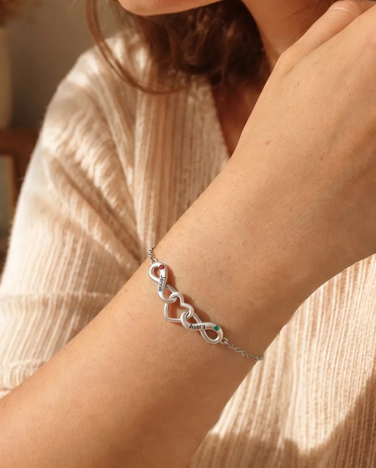 Personalised Infinity Bracelet With 2 Names - Double Infinity and Heart With Two Simulated Birthstones - worn on a model
