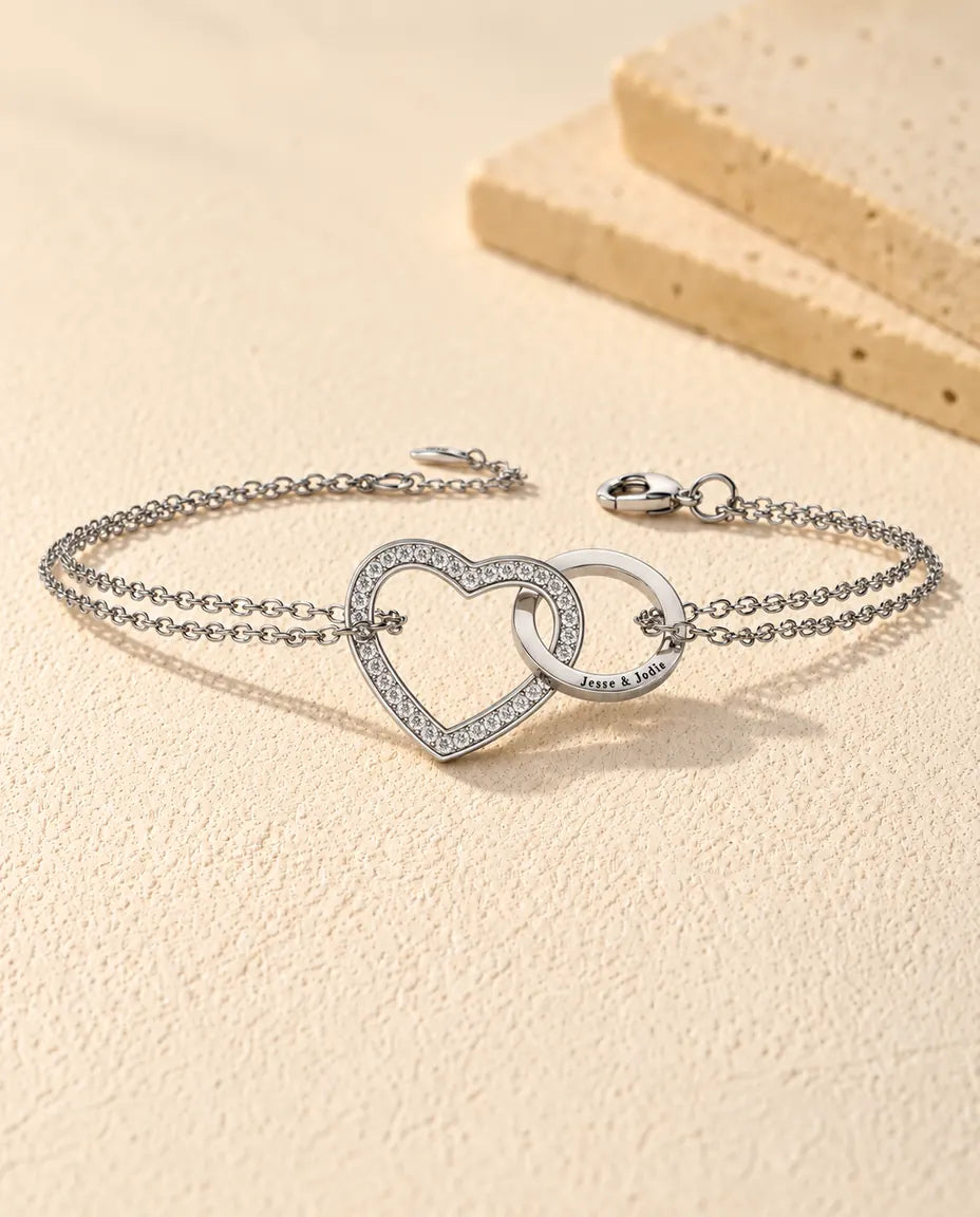 Personalised Interlocking Heart Bracelet - front view in silver