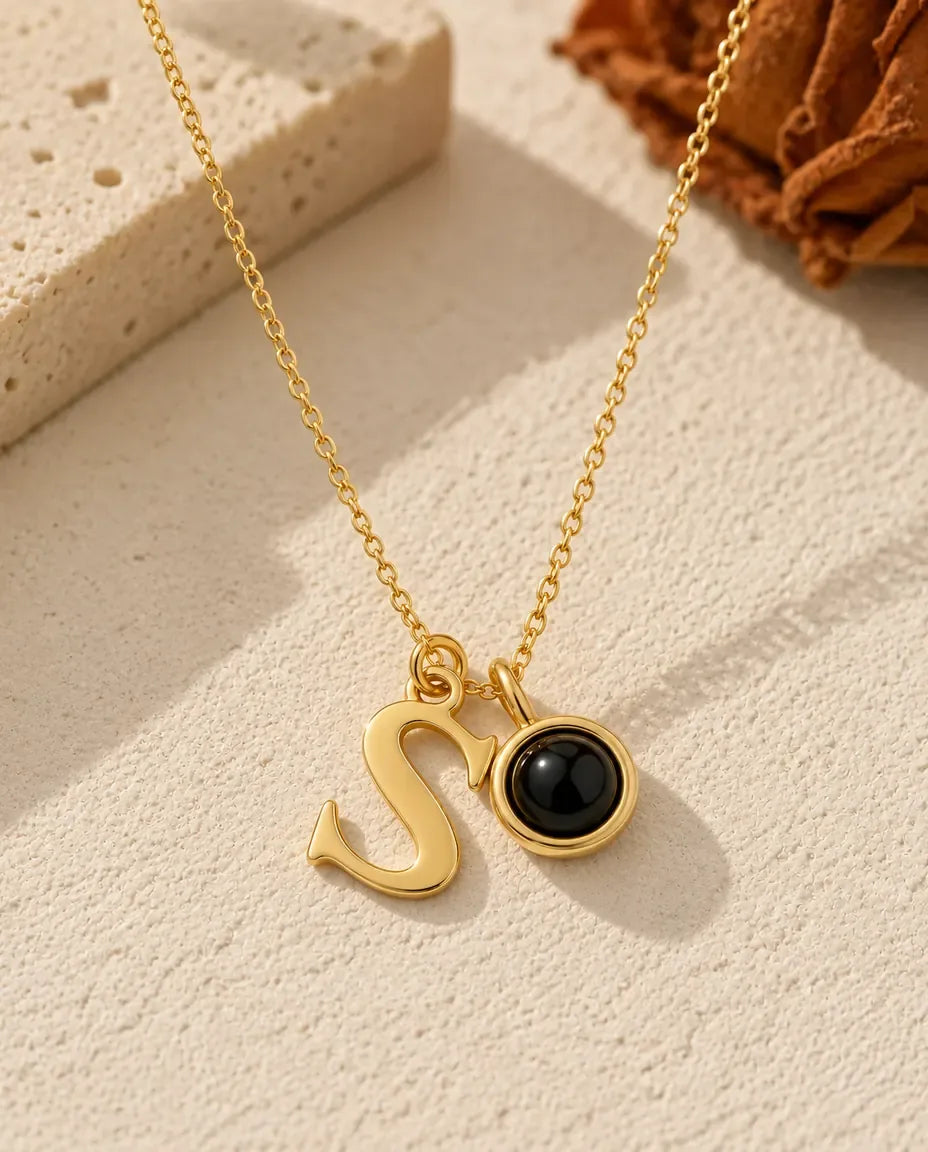 Personalised Initial Photo Projection Necklace in Gold - front view in silver