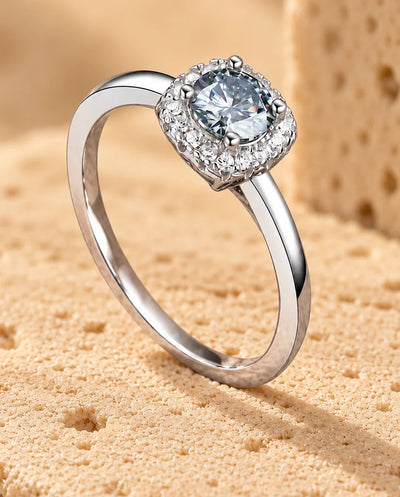 Moissanite Engagement Ring, 0.5ct Square Cushion Halo, Sterling Silver for Women, Promise Gift for Her