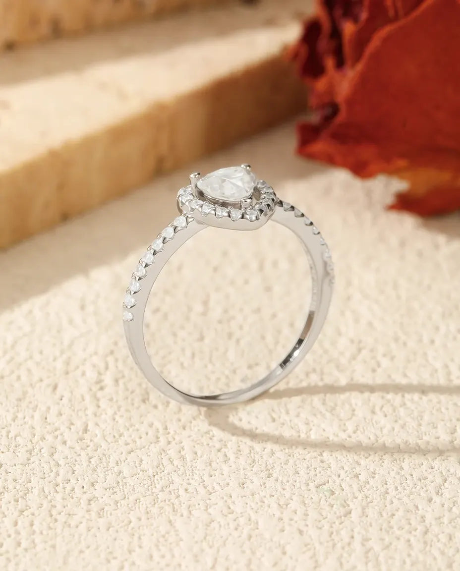 Heart halo moissanite promise ring in 925 sterling silver with 0.5 ct heart cut centre
