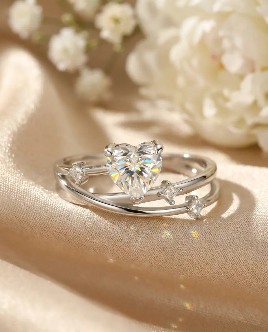 0.8ct Heart Cut Moissanite Ring - Multi-Layer Cross-Over Band in Sterling Silver - IfShe IE