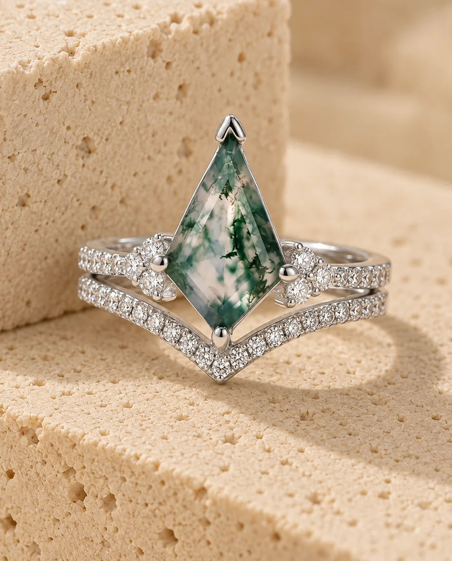 Kite-Cut Moss Agate Bridal Set - the complete set