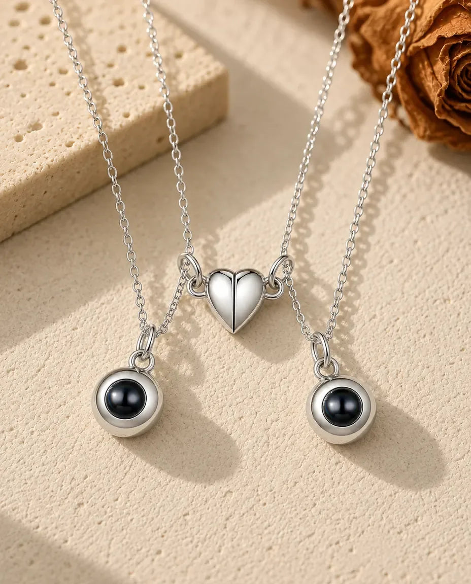 Personalised Photo Projection Couple Necklace Set of 2 - matching pair laid flat