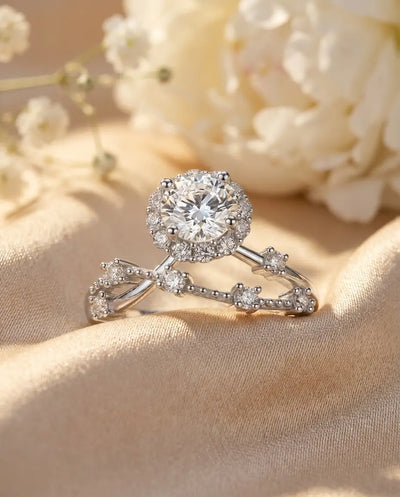 Moissanite Engagement Ring, 0.8ct Round Halo Vintage Twisted Band, Sterling Silver for Women, Gift for Her