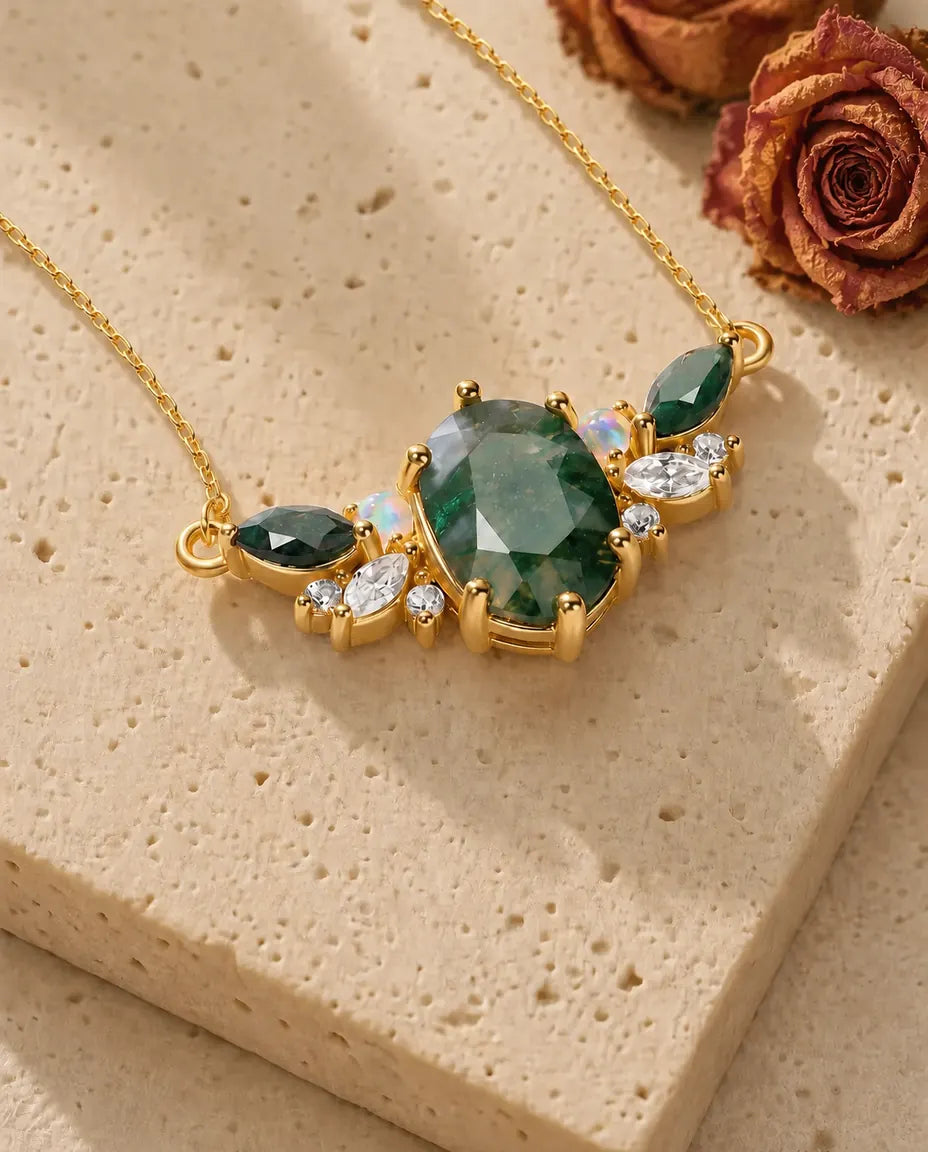 Moss agate cluster necklace with oval green stone, opal and marquise CZ accents in 10K gold plated sterling silver