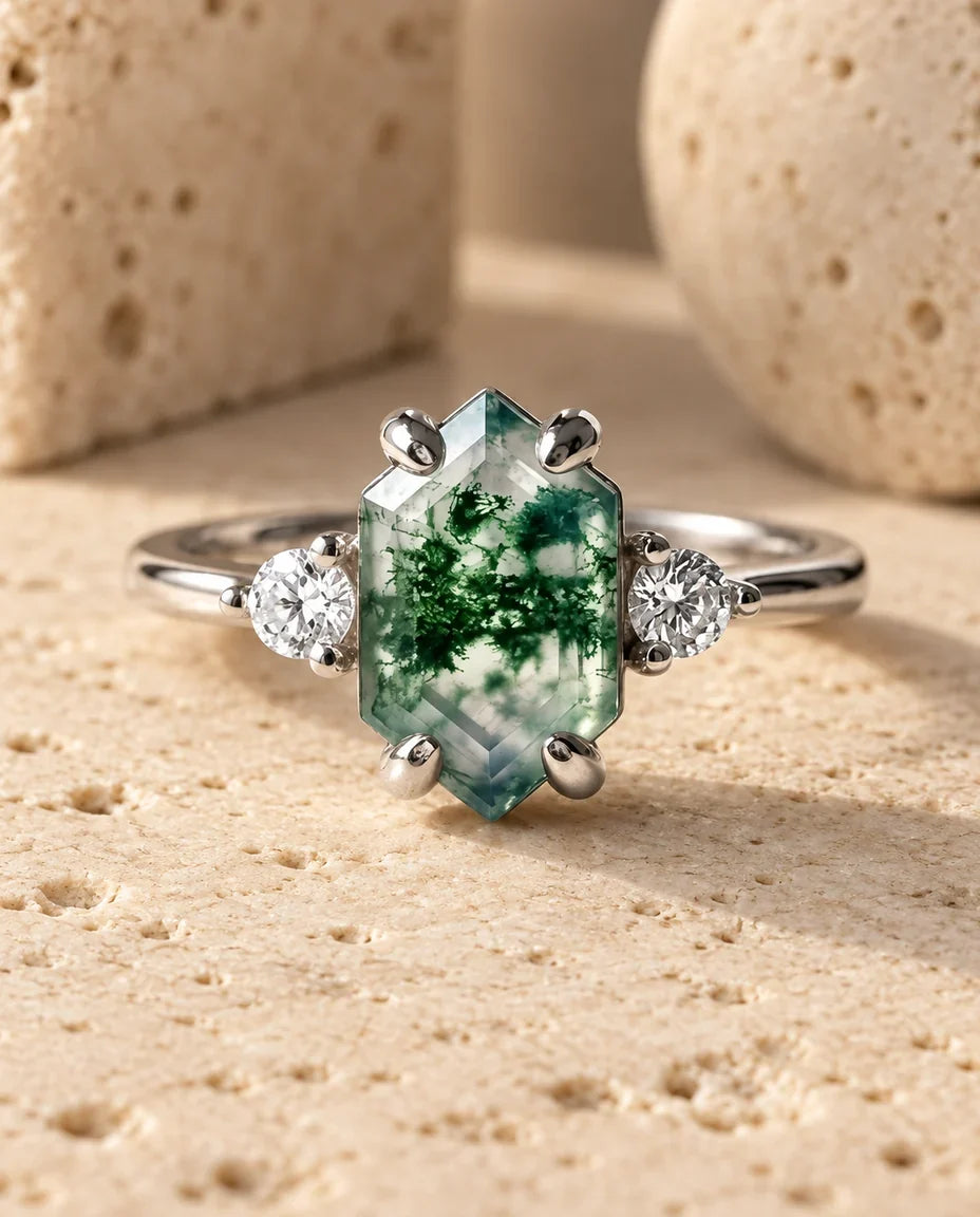 Hexagon Moss Agate Adjustable Ring - front view