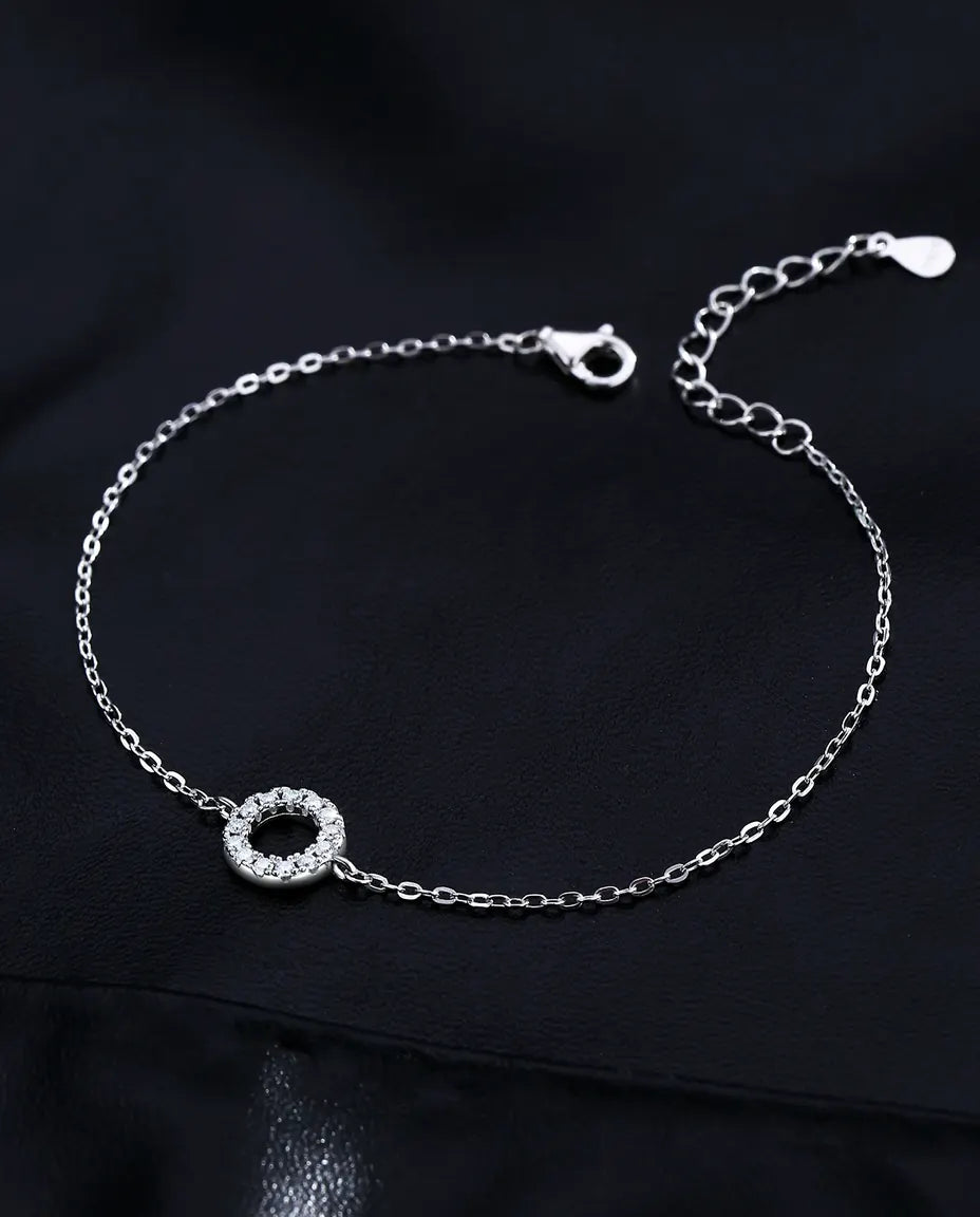 Open circle moissanite bracelet, D colour pave halo charm, 925 sterling silver