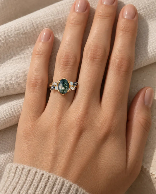 Moss Agate Ring - worn on the hand