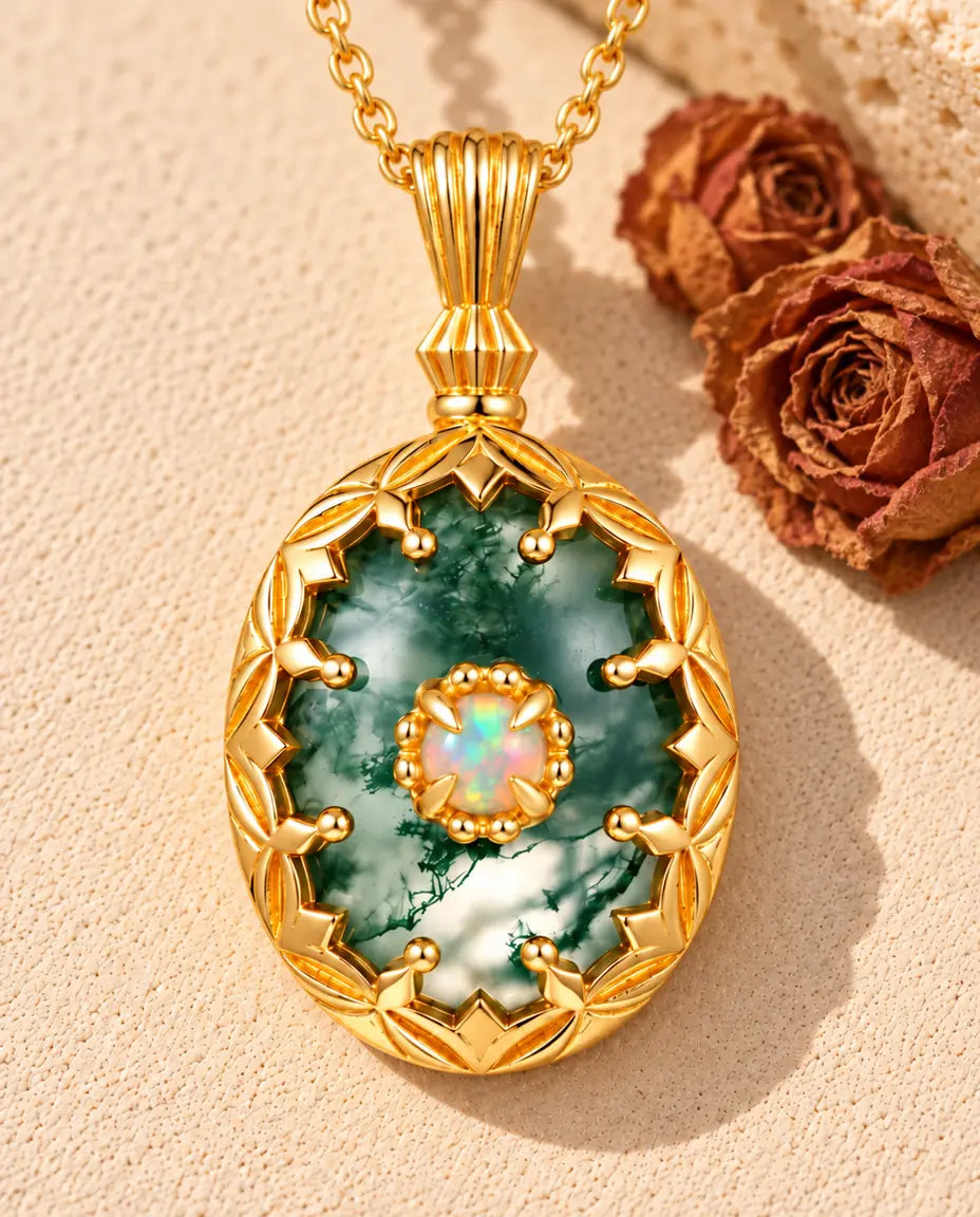Oval Moss Agate Pendant Necklace in 10K Gold Plated 925 Sterling Silver - lying on a cream textured surface beside a travertine block