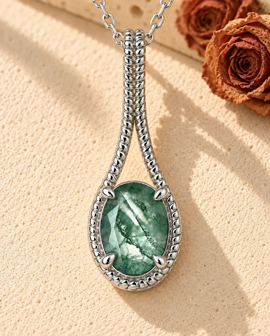 Oval Moss Agate Drop Necklace in 925 Sterling Silver - lying on a cream textured surface beside a travertine block