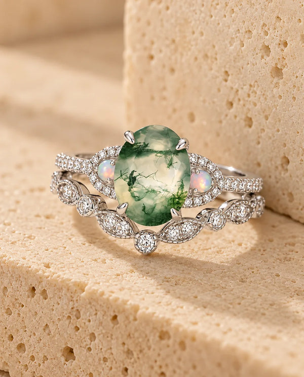 Oval Moss Agate & Opal Bridal Ring Set - the complete set