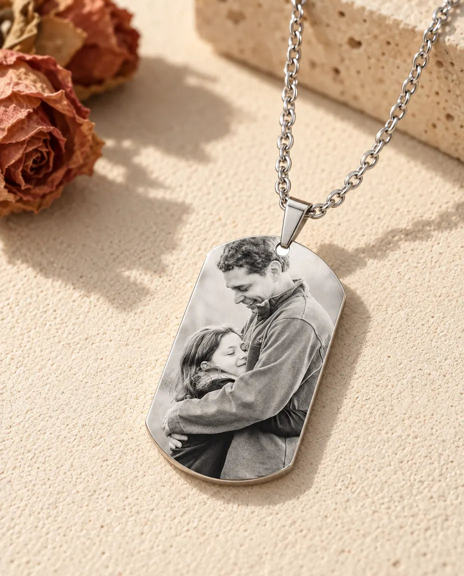 Papa photo dog tag necklace in titanium steel with a black and white engraved photo of a father and daughter