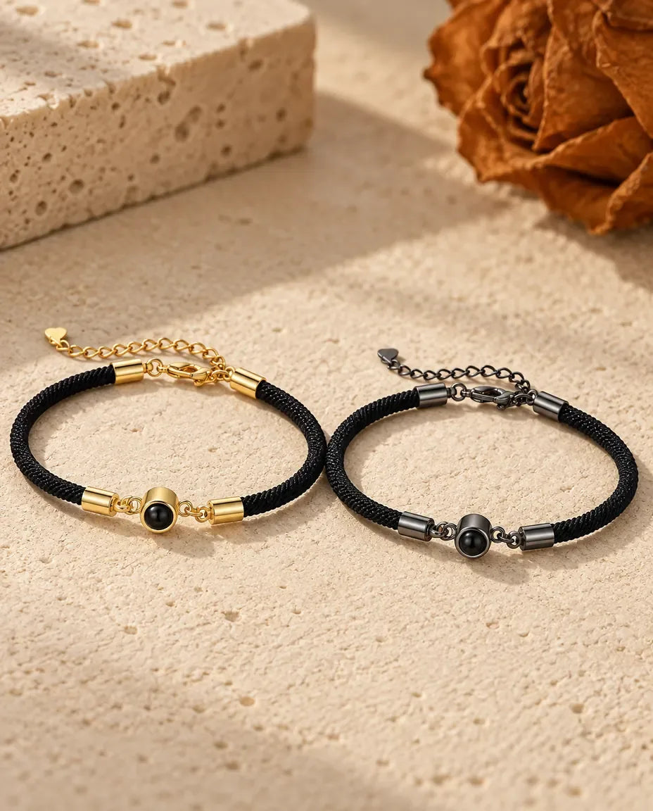 Photo Projection Couple Bracelets - matching pair laid flat