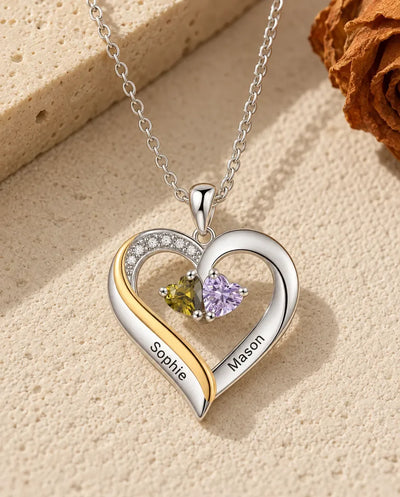 Personalised Birthstone Necklace – Sterling Silver Engraved Heart, 2 Names for Mum, Partner or Best Friend, Gift for Her