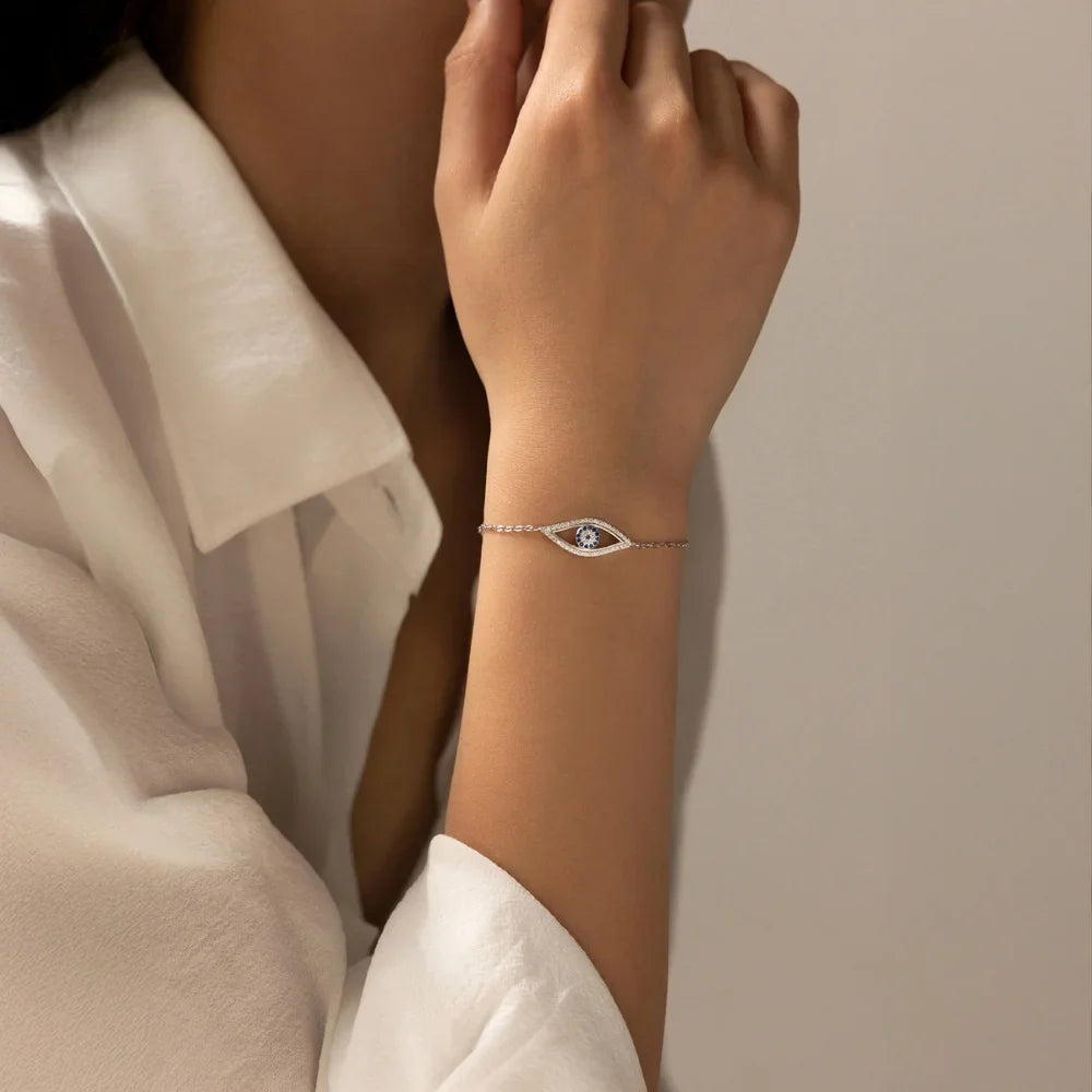 Sterling Silver Evil Eye Bracelet with Zircon - Turkish Lucky Eye Protection