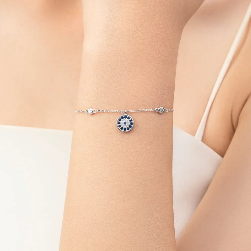 Sterling Silver Evil Eye Protection Bracelet with Zircon Stones - Lucky Eye Bracelet