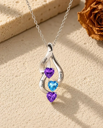 Personalised Birthstone Necklace for Mum – Sterling Silver, 3 Engraved Names & Heart Birthstones, Mother's Day Gift