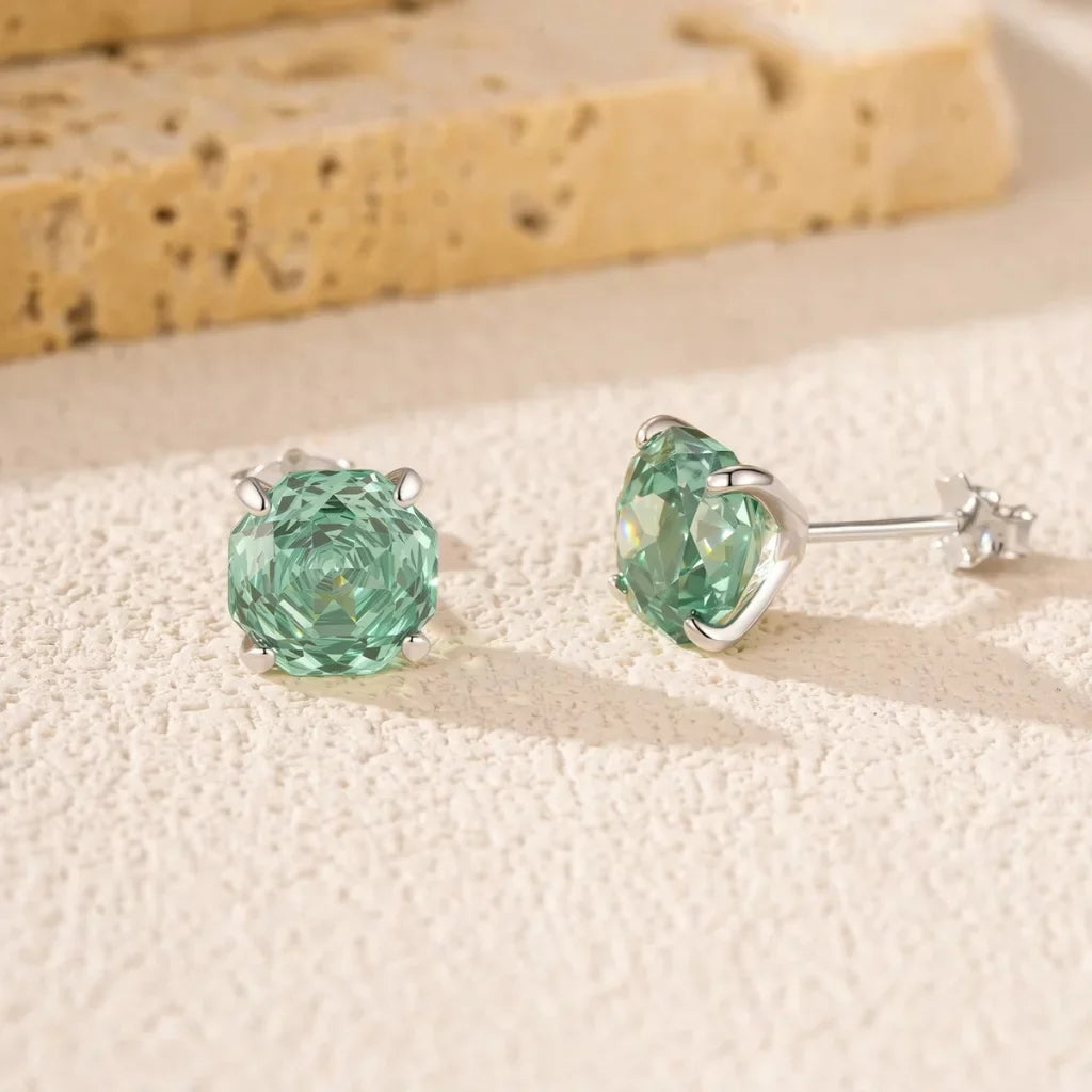 Stud Earrings for Women - 925 Sterling Silver - Zircon - Paraiba-Inspired Octagon