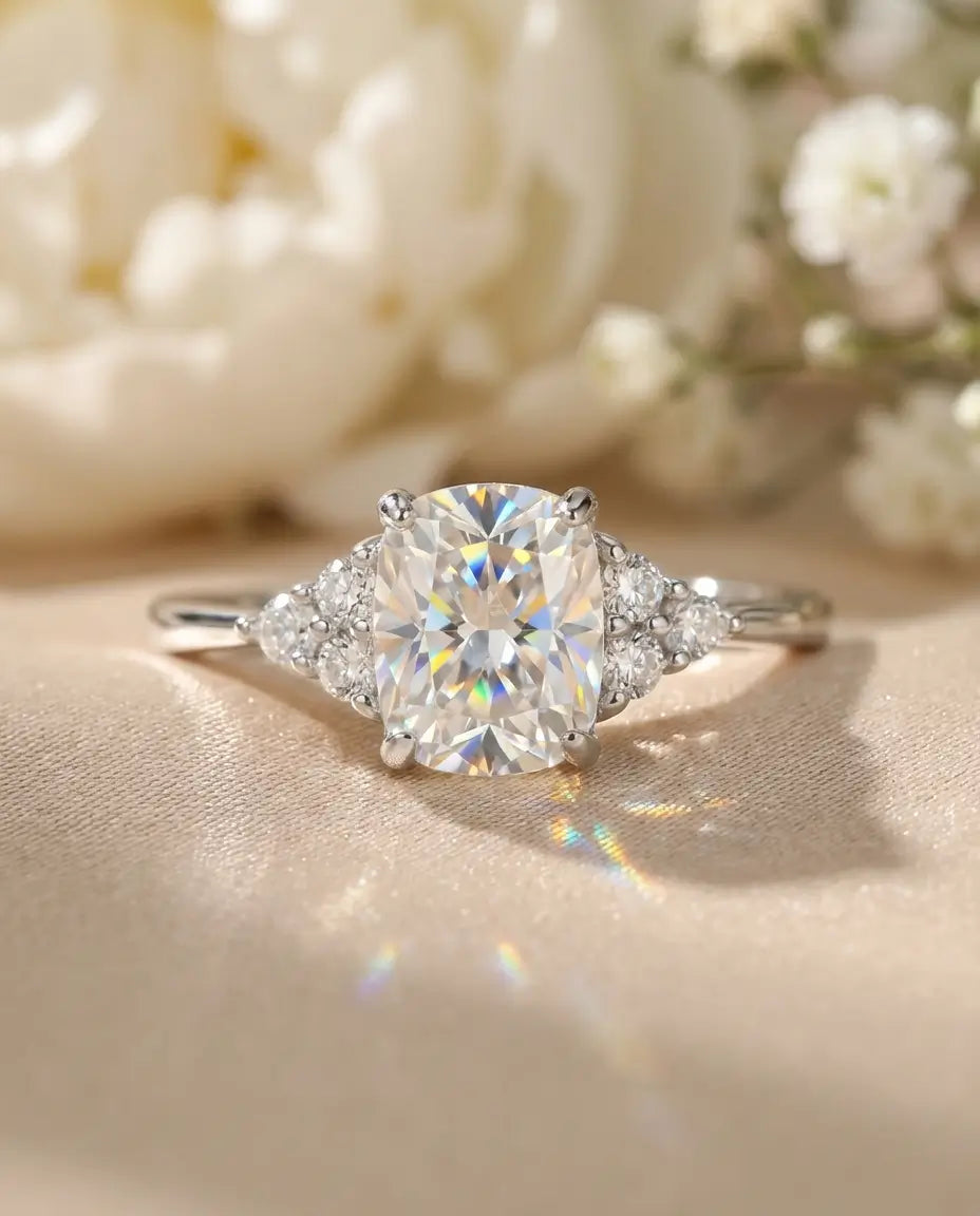 1ct Elongated Cushion Moissanite Engagement Ring - D Colour VVS1 Silver Cluster Ring - IfShe IE