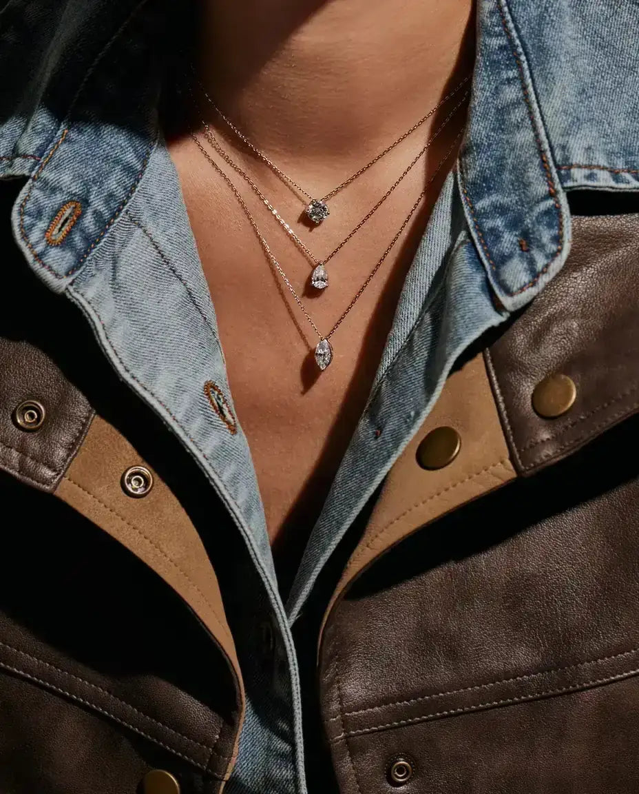 1 ct Pear Moissanite Necklace in 925 Sterling Silver - worn on a model, wider view