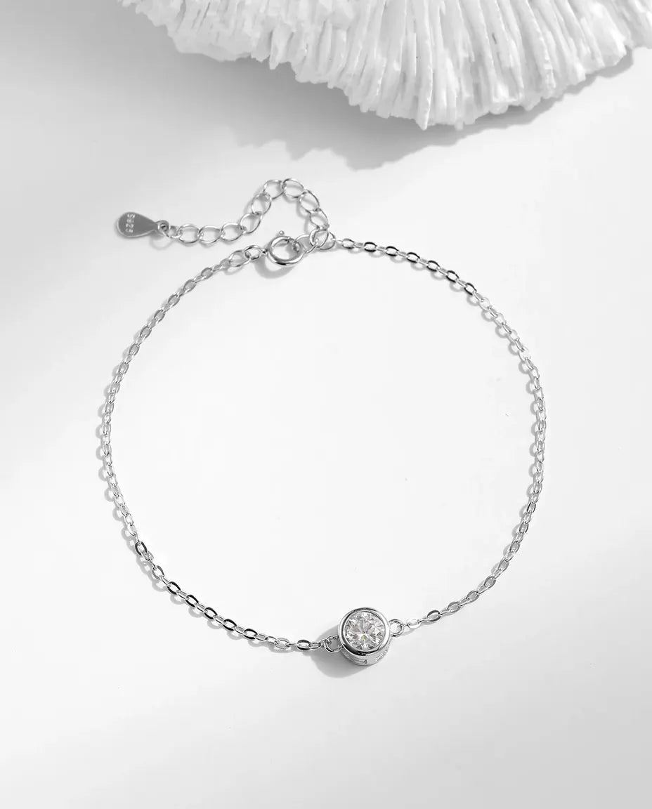 Dainty moissanite solitaire bracelet, 0.5ct D colour round stone, 925 sterling silver
