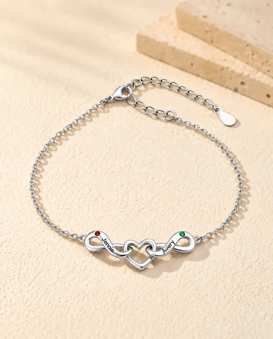 Personalised Infinity Bracelet With 2 Names - Double Infinity and Heart With Two Simulated Birthstones - front view