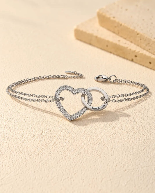 Personalised Interlocking Heart Bracelet - front view in silver