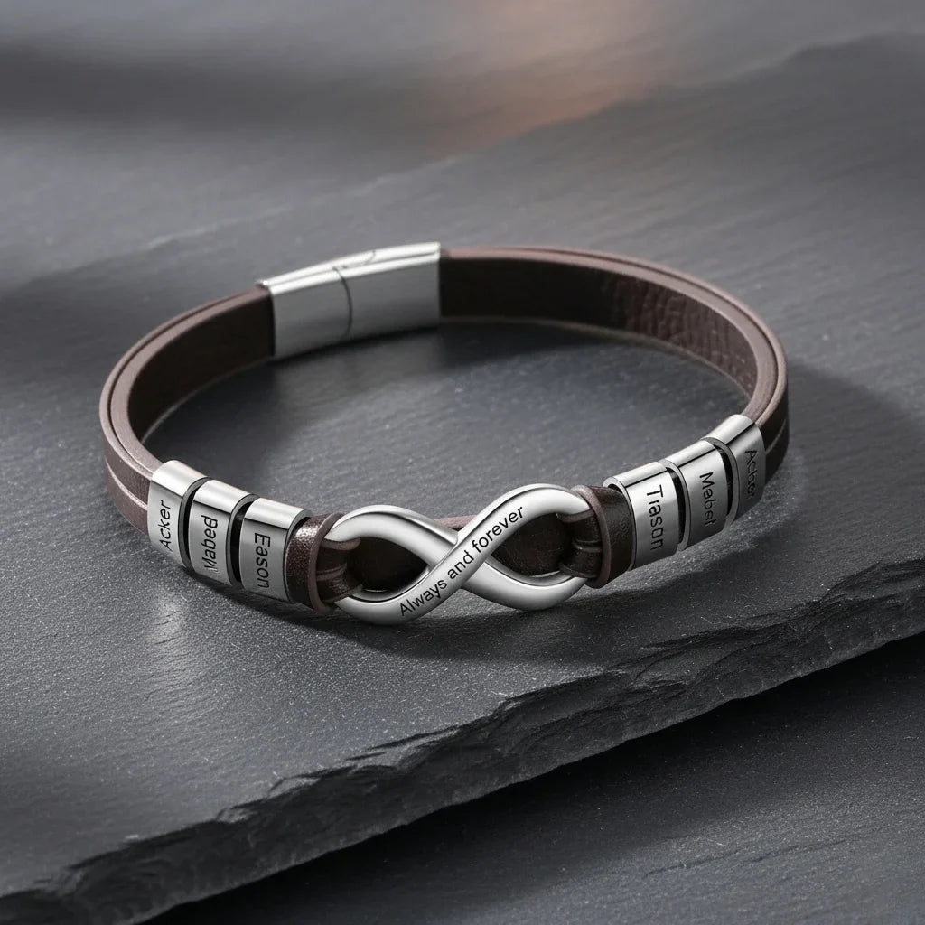 Engraved Leather Bracelet for Men with Personalised 2-6 Names