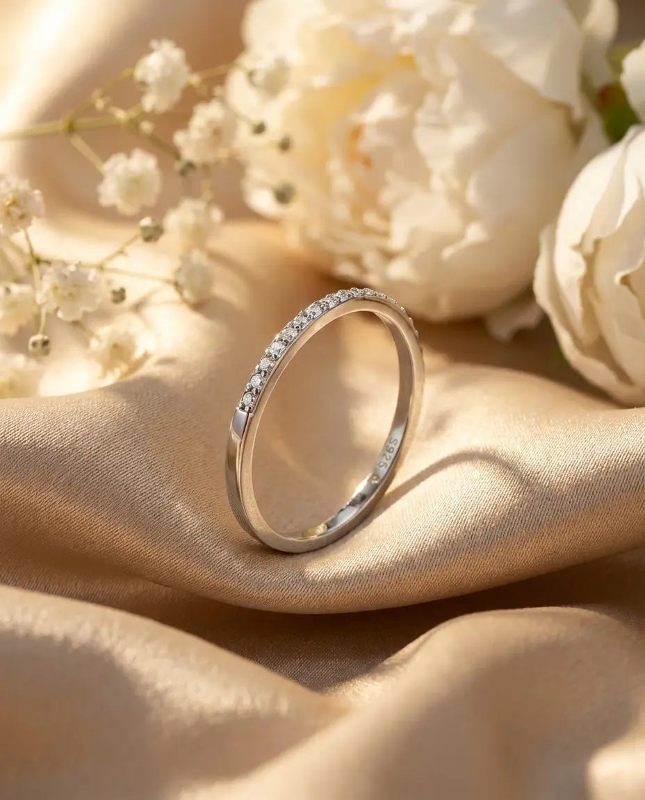1.3mm Moissanite Pave Wedding Band - Dainty Sterling Silver Stacking Ring - IfShe IE