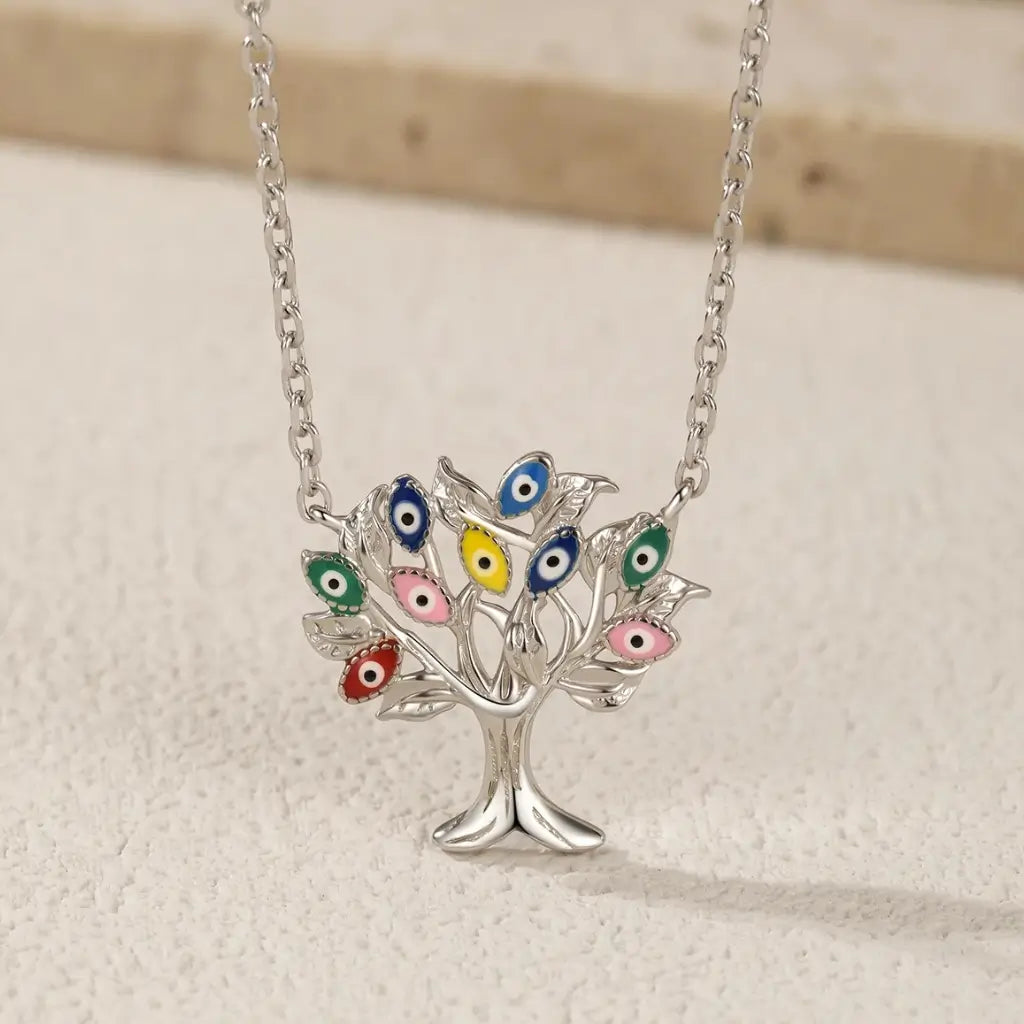 Evil Eye Sterling Silver Necklace with Enamel Tree Pendant