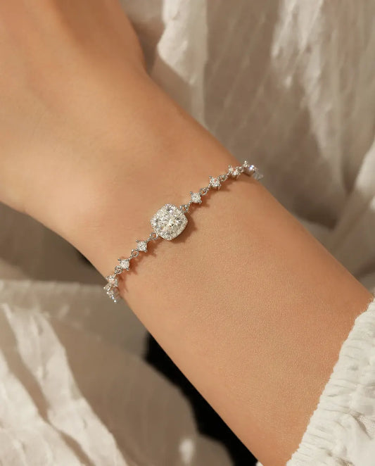 Halo moissanite bracelet, 0.8ct D colour cushion stone, 925 sterling silver