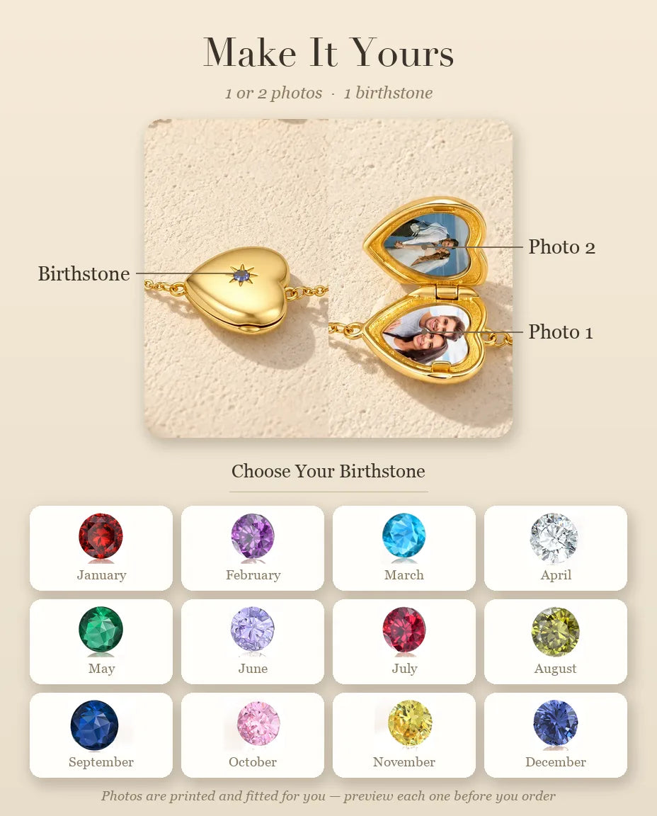Personalisation guide for the heart locket bracelet: Birthstone, Photo 1 and Photo 2