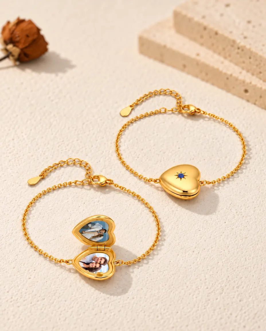 Two heart locket bracelets, one closed and one open with two photos