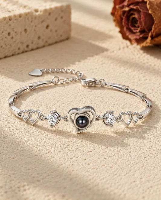 Heart Photo Projection Bracelet - front view in silver