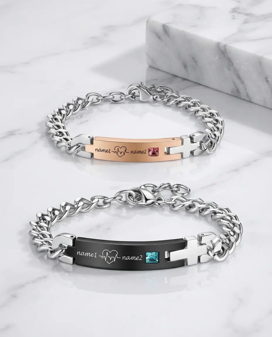 Personalised Heartbeat Couple Bracelets - Matching ID Bar Set with Birthstones IfShe IE