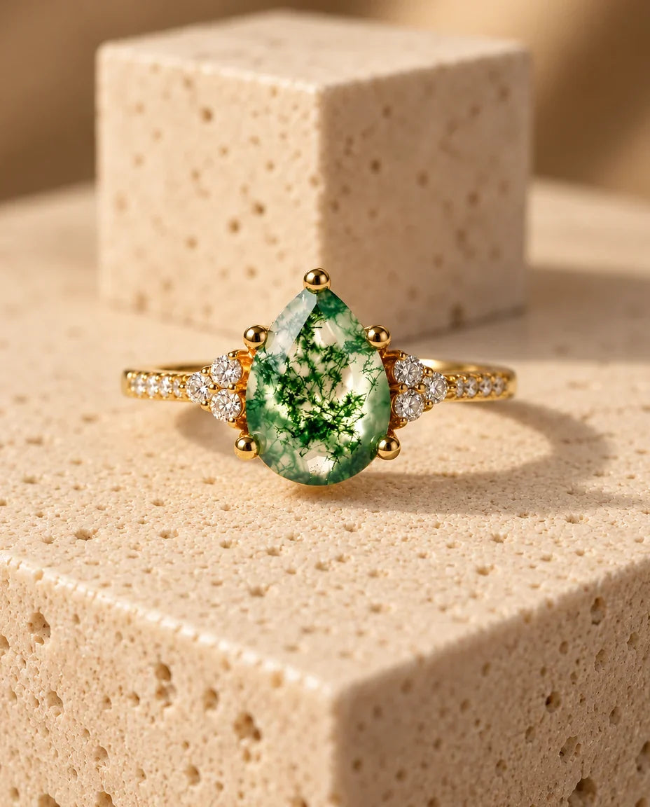 Pear Shaped Moss Agate Ring - front view