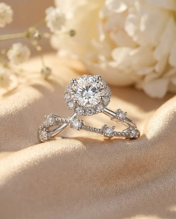 0.8ct Round Halo Moissanite Ring - Vintage Twisted Band in Sterling Silver - IfShe IE