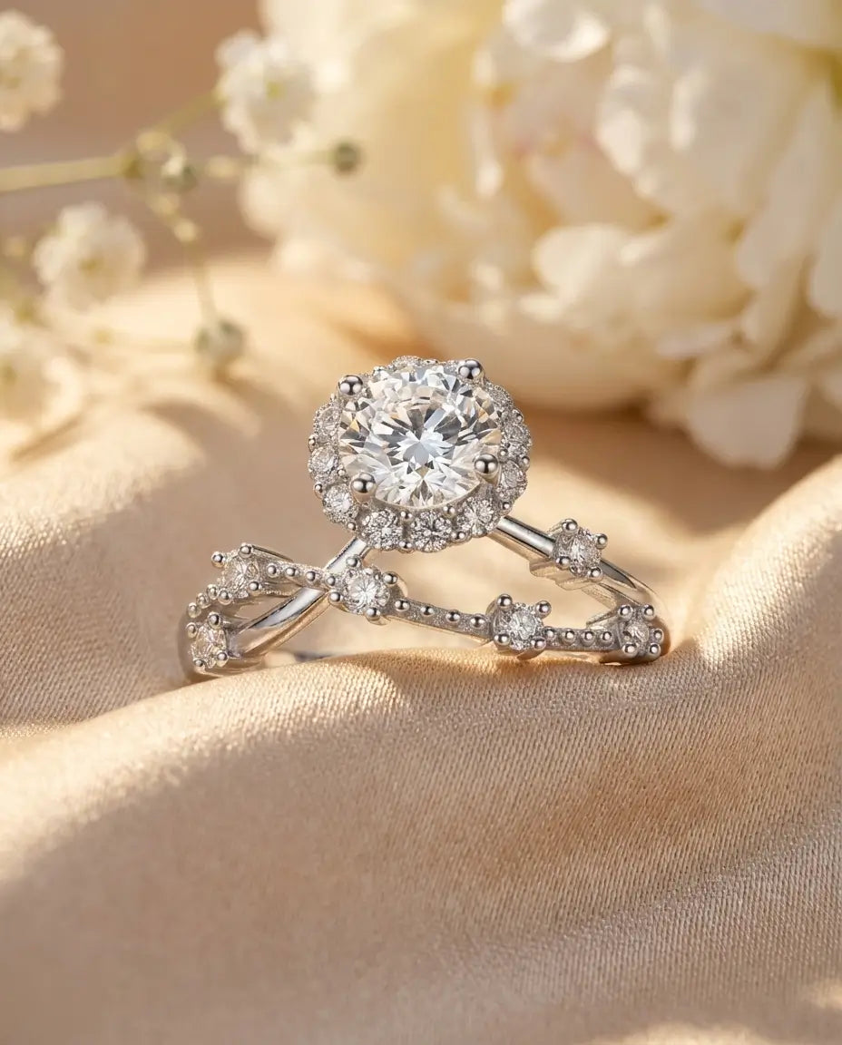 0.8ct Round Halo Moissanite Ring - Vintage Twisted Band in Sterling Silver - IfShe IE