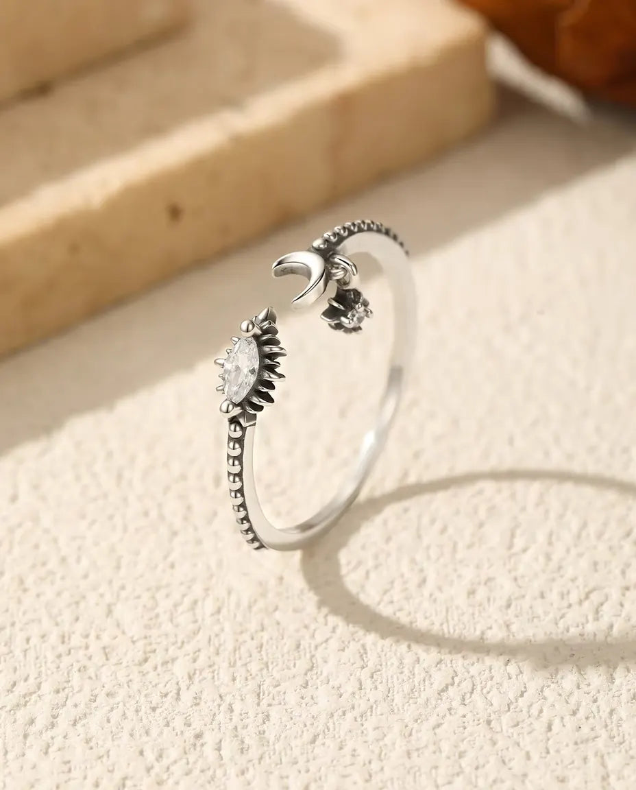 Moon and star open ring in oxidised 925 sterling silver