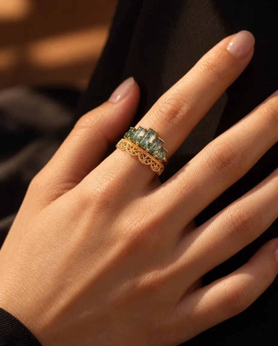 Moss Agate Stacking Ring Set in Gold Plated 925 Sterling Silver - both rings worn stacked on one finger
