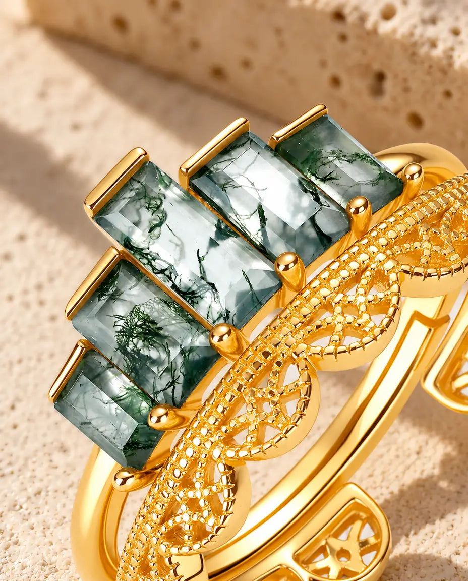 Moss Agate Stacking Ring Set in Gold Plated 925 Sterling Silver - close-up of the moss agate and its setting