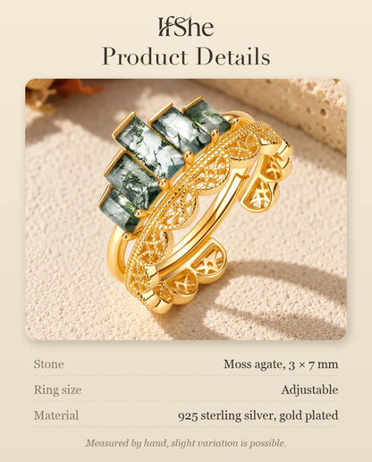 Moss Agate Stacking Ring Set in Gold Plated 925 Sterling Silver - product details with stone size, ring size and material