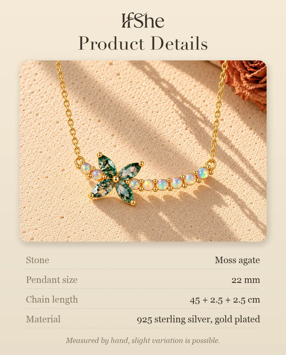 Moss Agate Flower Necklace in Gold Plated 925 Sterling Silver - product details with stones, pendant size, chain length and material