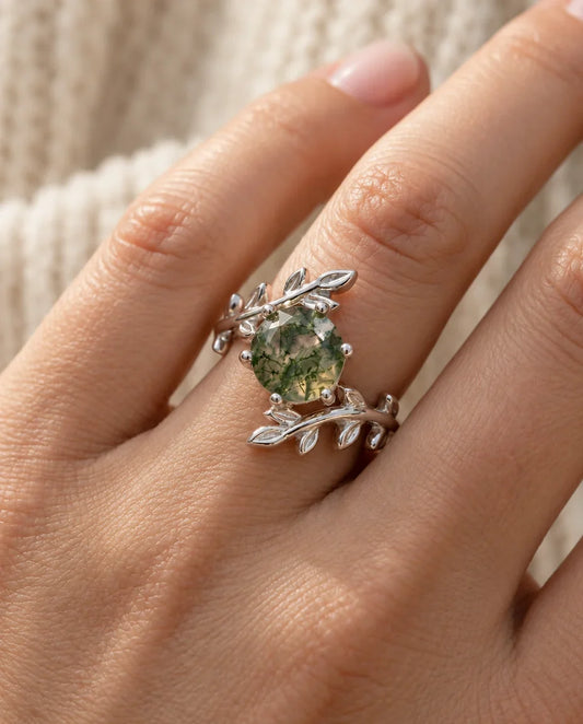 Leaf Moss Agate Ring - worn on the hand