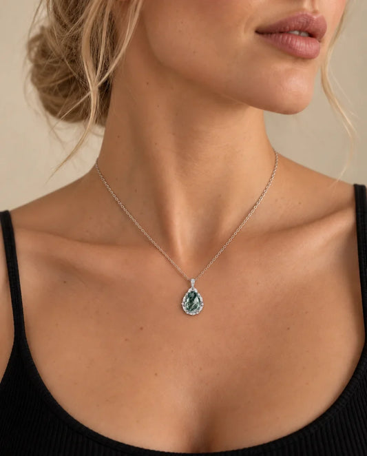Moss Agate Pear Pendant - worn on a model