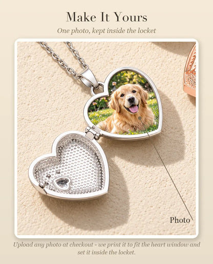 Personalisation guide showing where your photo goes inside the angel wing paw print heart photo locket