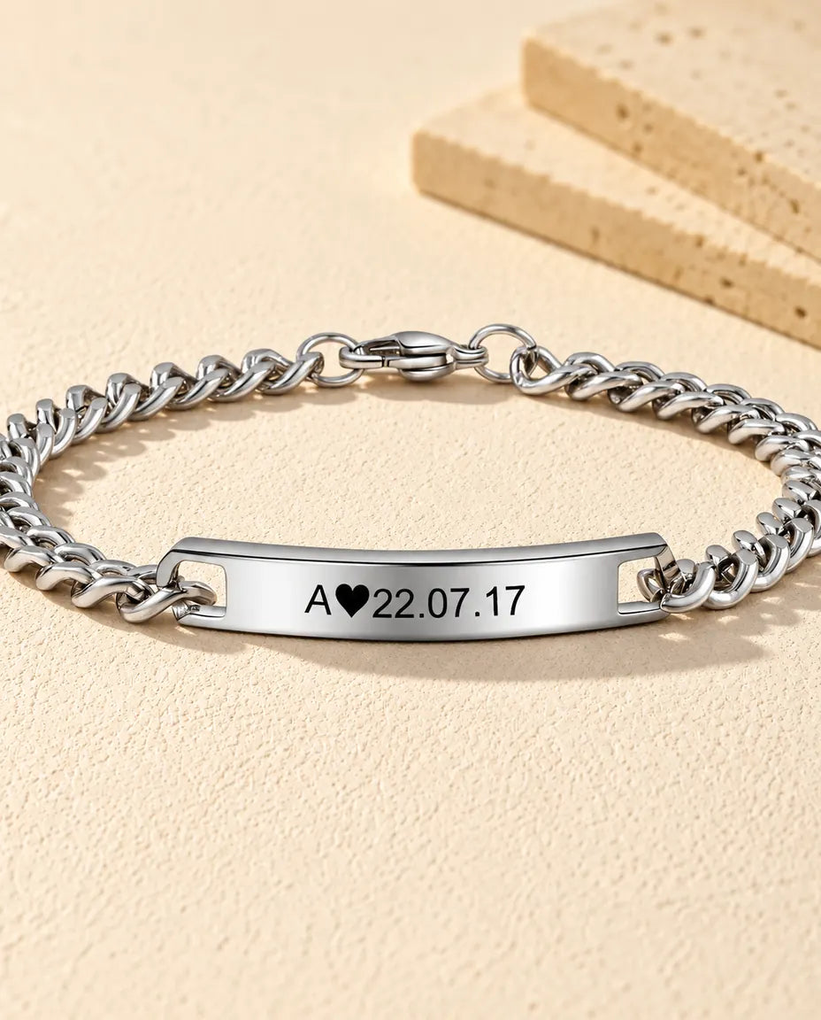 Engraved Initial & Date Bar Bracelet - front view